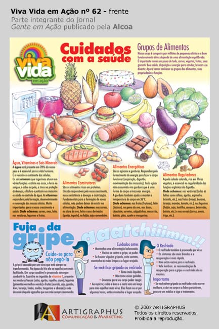Cuidados com a saúde: grupos de alimentos e fuja da gripe, ilustrados